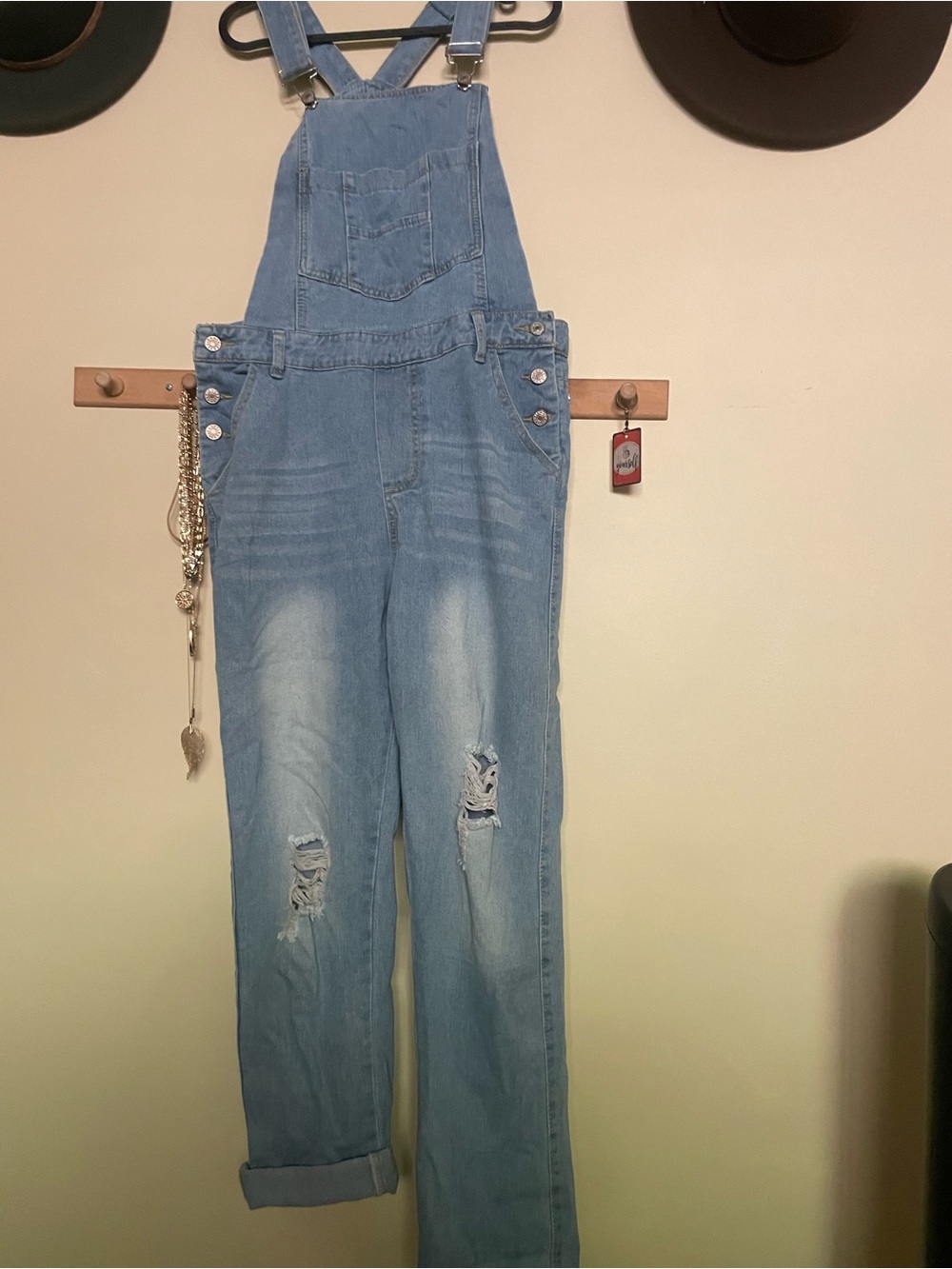 Light Blue Women's Denim Overalls with Distressed Knees